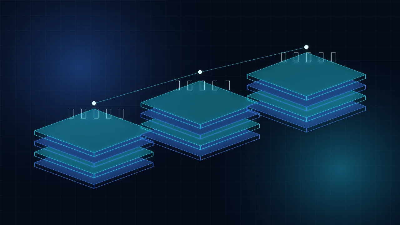 Stacked server platforms connected in a line representing hosting and systems